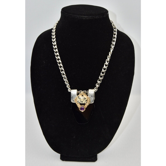 J Jansen Brutalist Onyx Gold & Silver Plated Austrian Crystal Statement Necklace - Picture 1 of 6